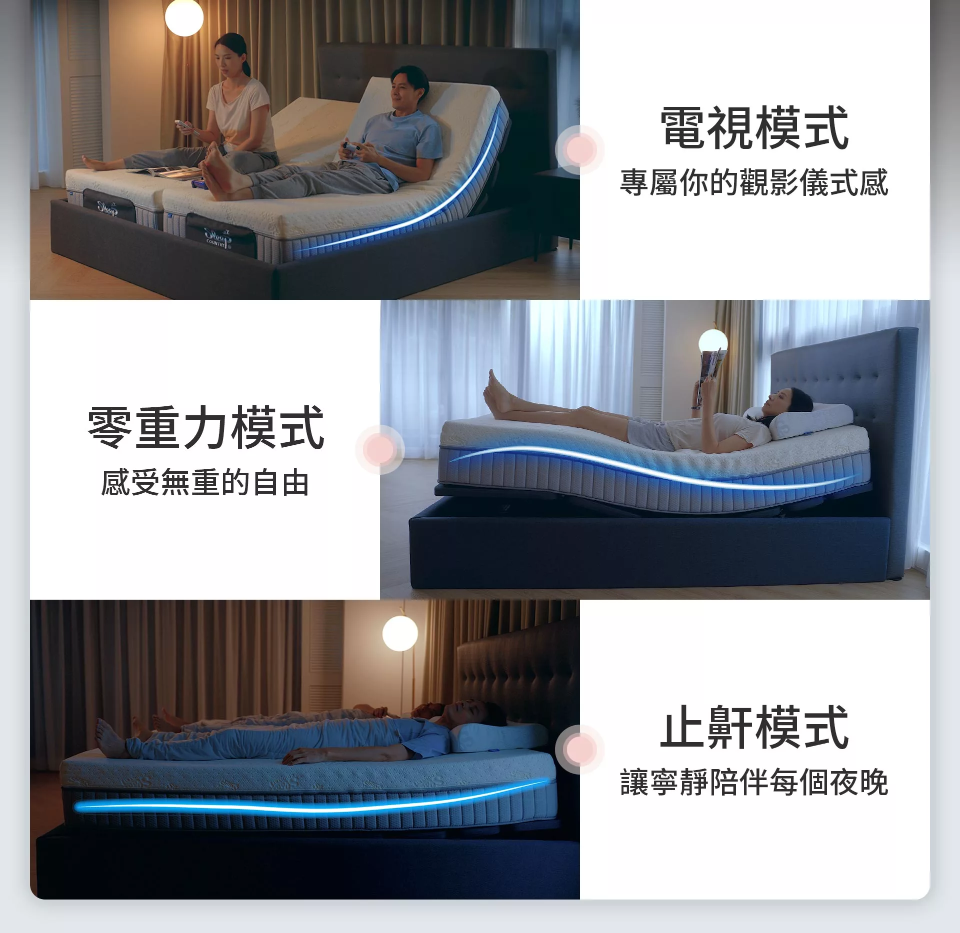 8088智能調整床，電視/音樂/零重力/瑜伽 各種模式自由搭配 舒適由你主導
